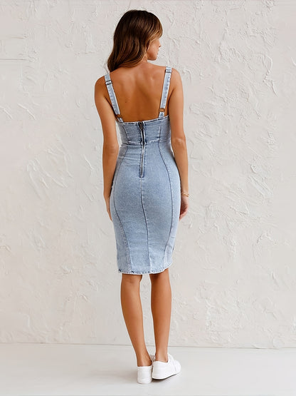 Y2K U-neck Split Denim Dress Ins Fashion Slim Backless Sleeveless Short Dresses Summer Beach Vacation Clothing