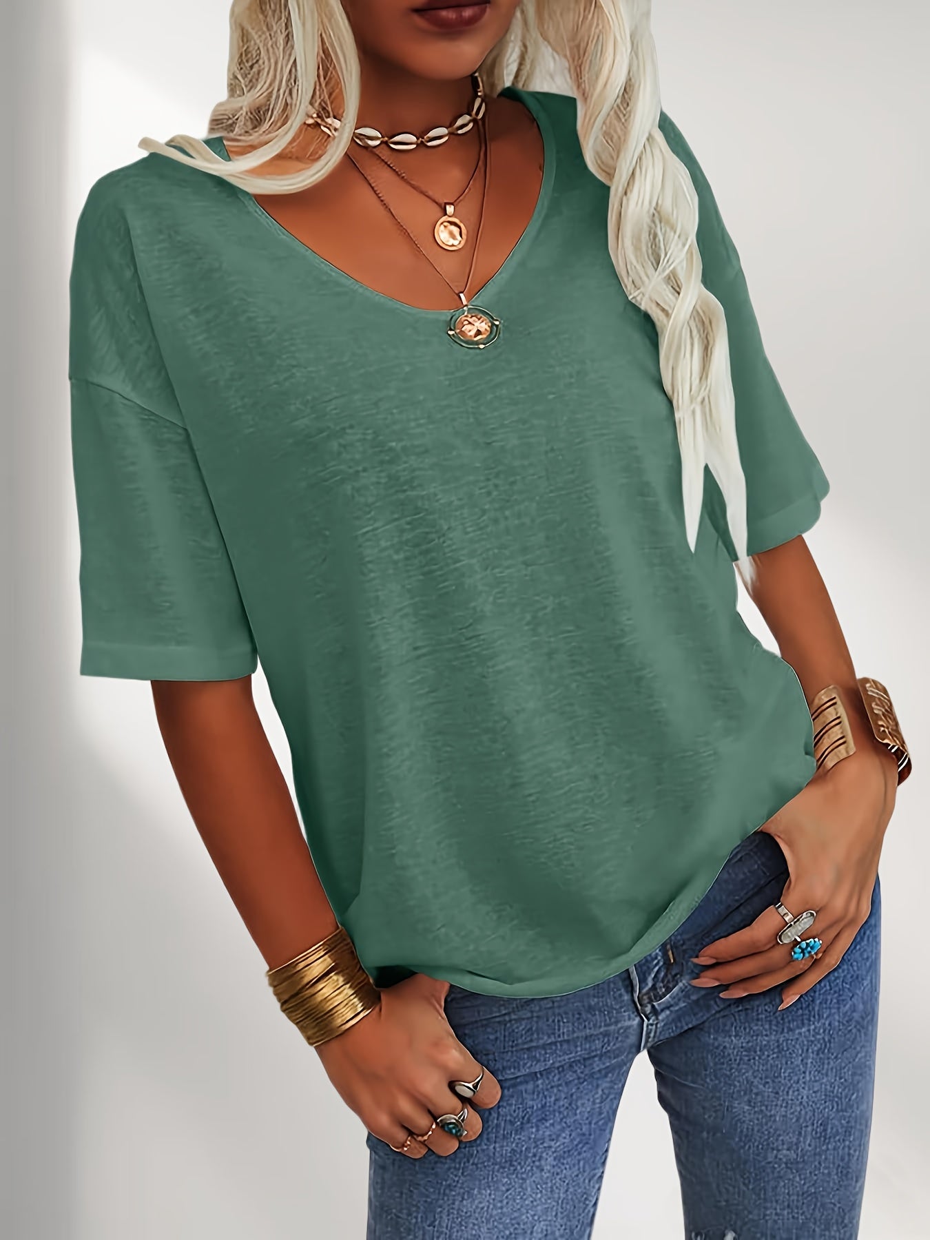 Women Fashion V-Neck Half Sleeves Oversized T Shirt Solid Casual Loose Basic Tops