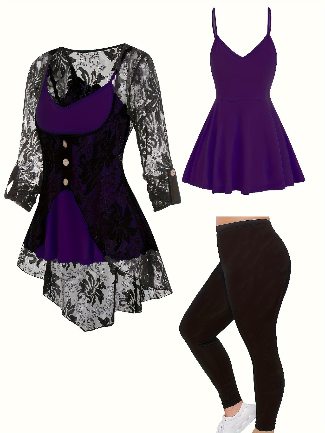 Timeless Plus Size 3-Piece Suit For Women - Lace Button Cardigan + Camisole & Trousers Set, Year-Round Office/Casual/Dinner Outfits 1XL-5XL
