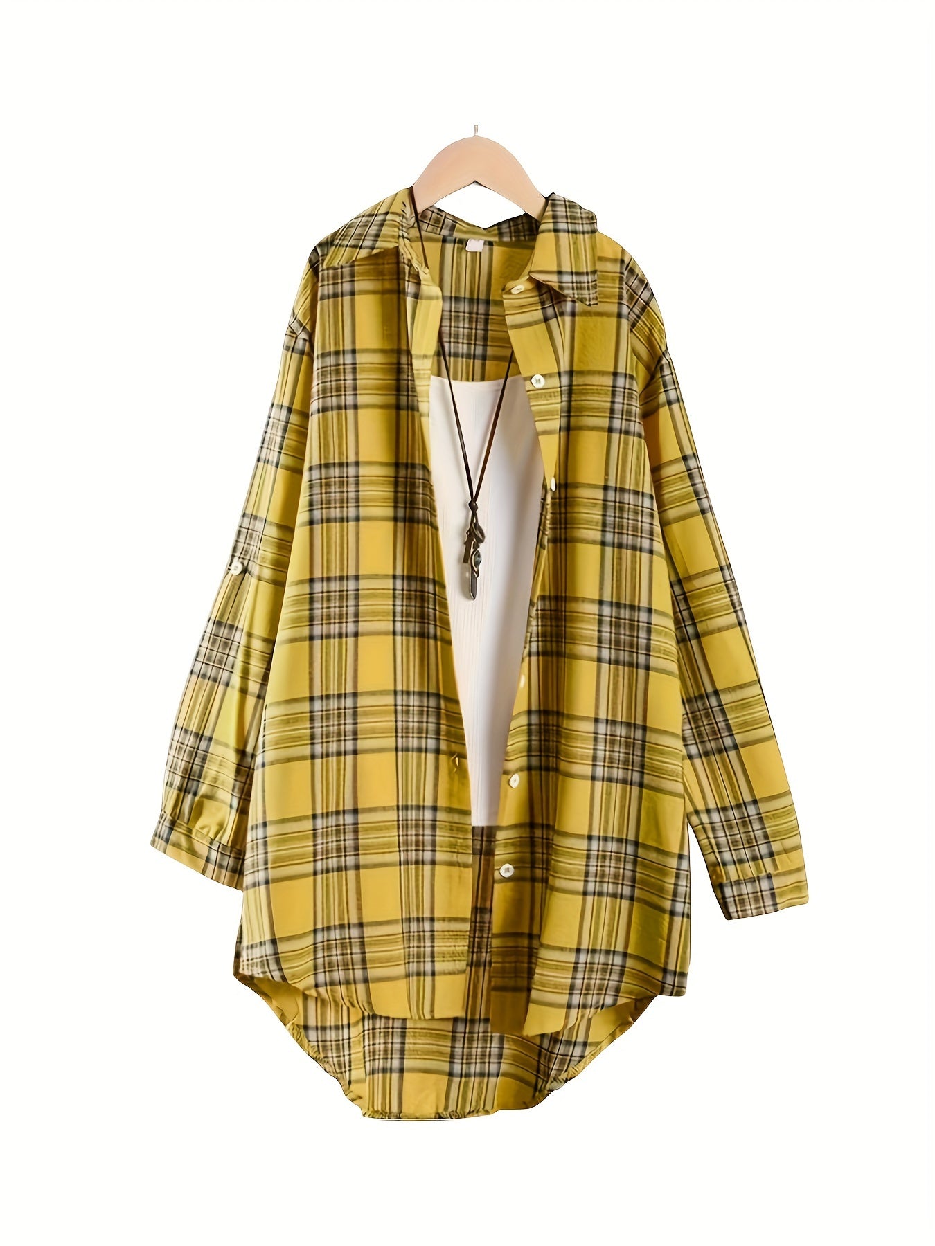 Plus Size - Plus Size - Plus Size Womens Casual Plaid Shirt - Lapel Collar, Dipped Hem, Semi-Sheer, Long Sleeve, Button Front, Perfect for All Seasons