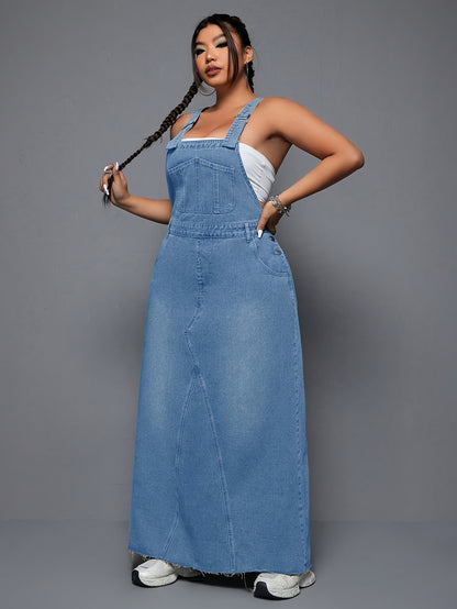 Women's Plus - Size Denim Overall Dress, High - Waisted, Washed & Distressed, Raw Hem, Adjustable Straps, Casual Long Jean Dress