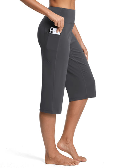 18-Inch Capri Trousers for Women Featuring a High Waist, Pockets, Tummy Control, And a Loose Straight Leg Design Suitable for Workouts And