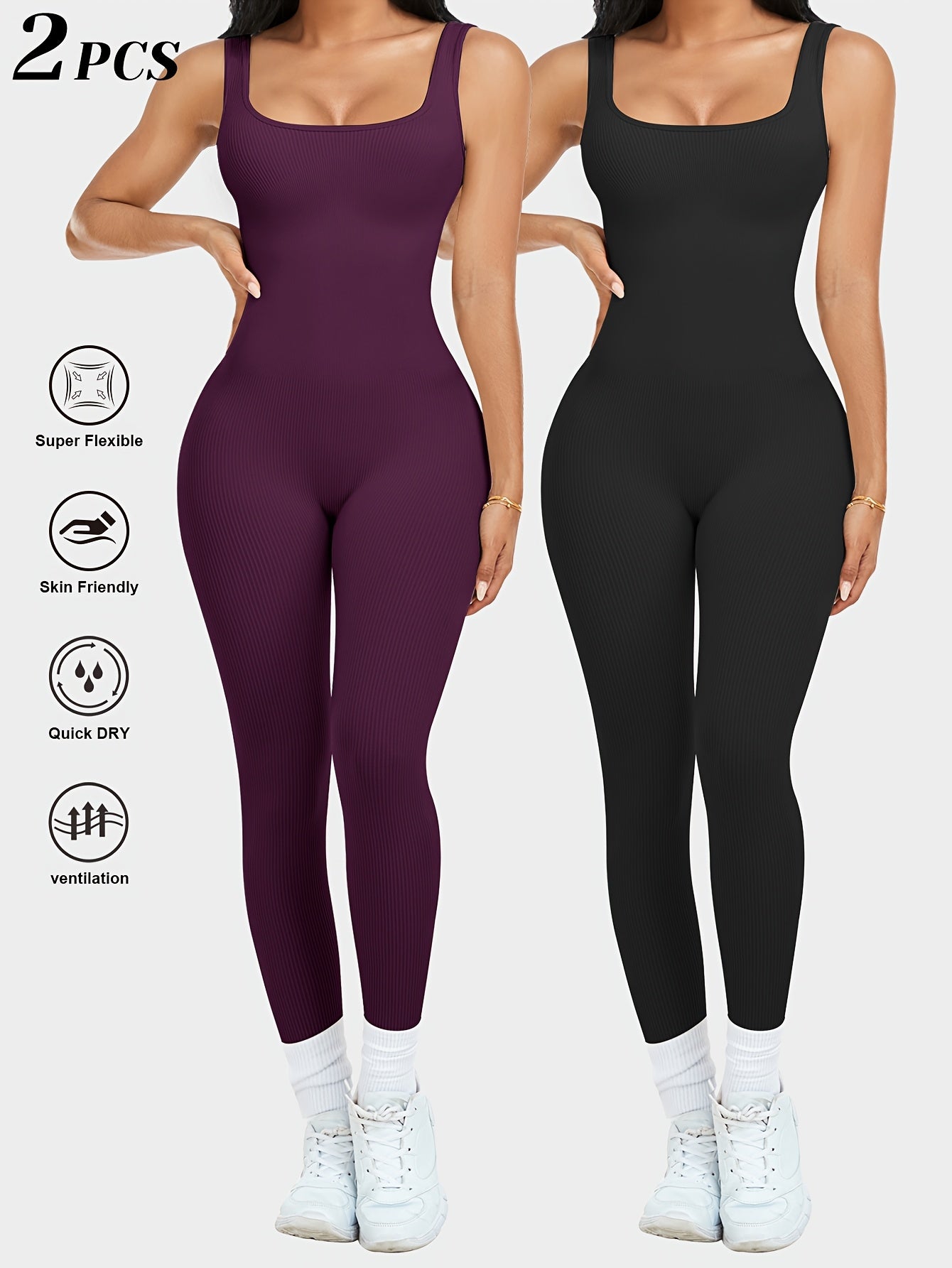 2pcs - Women'S Autumn And Winter Sleeveless Square Collar Long Jumpsuit, 90% Nylon And 10% Elastic Fiber Fabric Comfortable, Thick, Impermeable Washable And Reusable, Suitable For Any Activity Occasion, Exercise, Fitness, Pilates, Running, Yoga