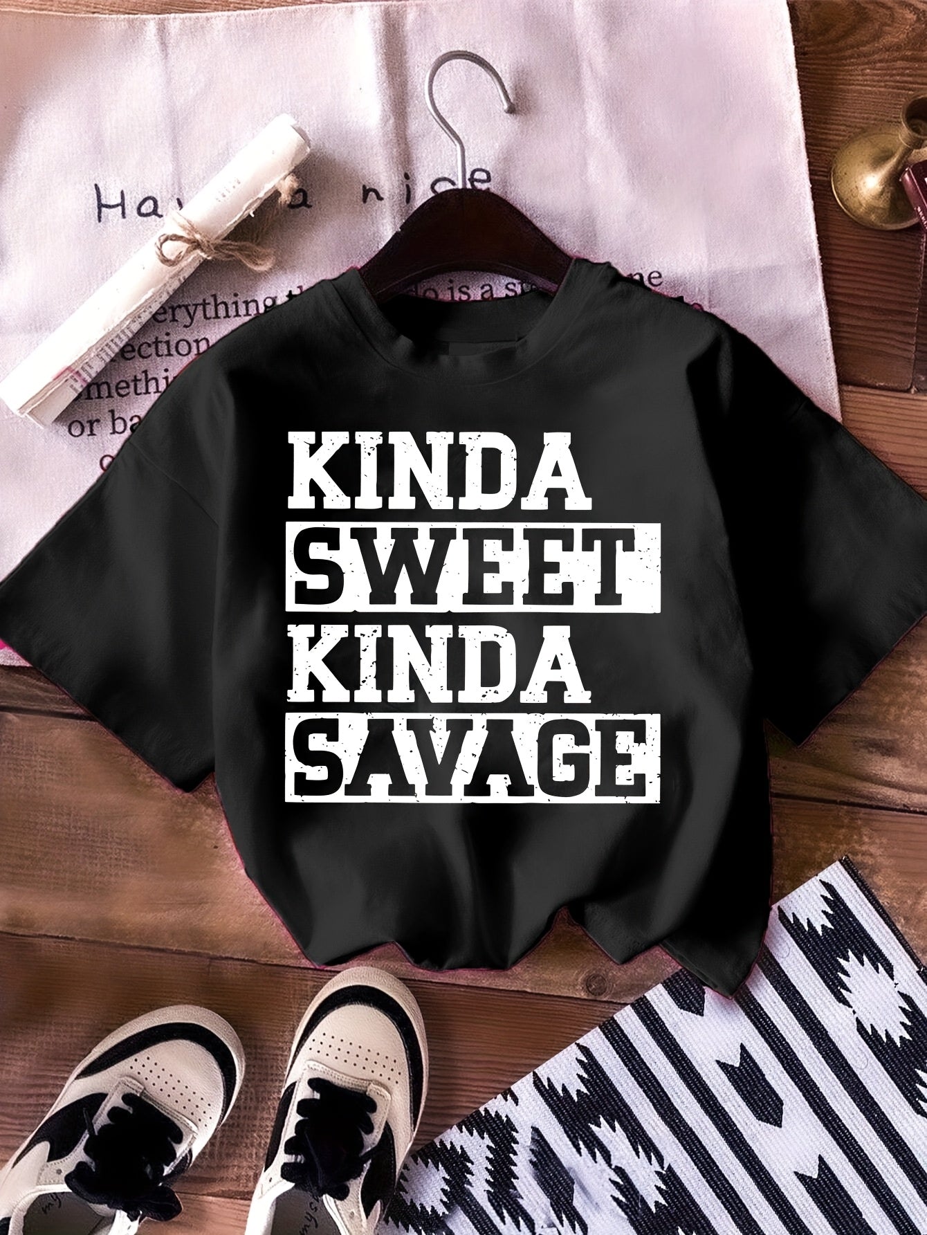 Girls "Kinda Sweet Kinda Savage" Print 100% Cotton Short Sleeve T-shirt, Comfy Casual Tees for Girls Summer