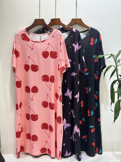 Set of 3 Plus-Size Nightgowns for Women Featuring a Casual Tie-Dye Print with Fruit And Cherry Designs in Shades of Pink