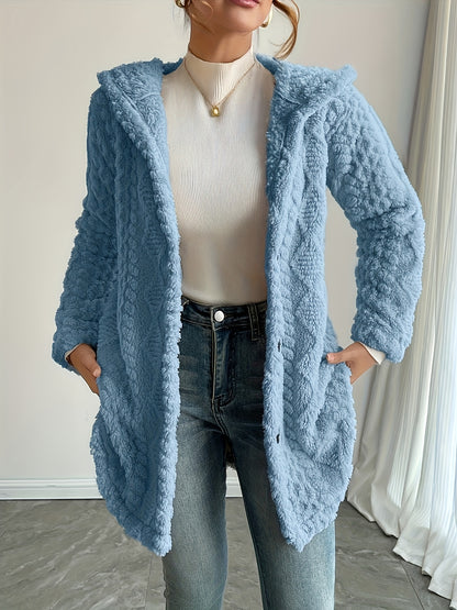Hooded Fuzzy Coat Mid-Length Jacket with Buttons Soft Warm Winter Fall Outfits 5 Colors