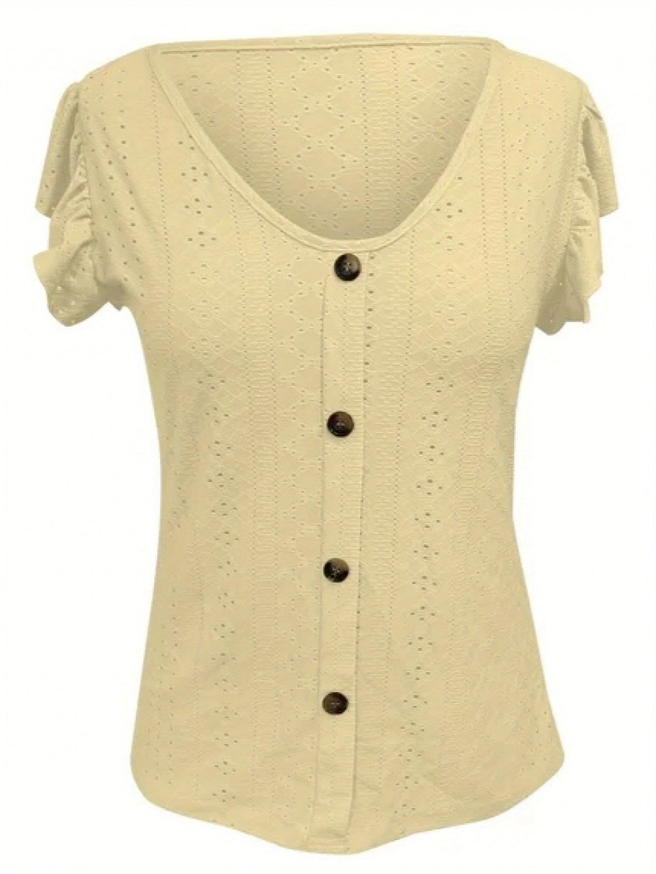 Women's Elegant V-Neck Ruffled Short Sleeve Top with Decorative Buttons, Casual Eyelet Embroidered Jacquard T-Shirt for Spring& Summer, Women's Clothing