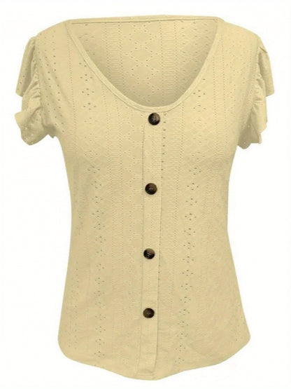 Women's Elegant V-Neck Ruffled Short Sleeve Top with Decorative Buttons, Casual Eyelet Embroidered Jacquard T-Shirt for Spring& Summer, Women's Clothing