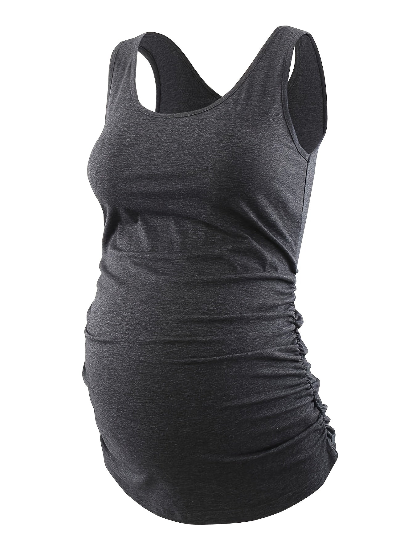 Women's Full Bump Coverage Maternity Tank Top - All-Stage Pregnancy Shirt with Side Ruching & Scoop Neck, Stretchy Rayon-Spandex Sleeveless Nursing Vest for Postpartum Wear, Breathable Belly-Friendly T-Shirt (No Chest Pads)