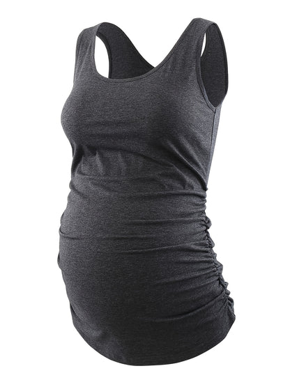 Women's Full Bump Coverage Maternity Tank Top - All-Stage Pregnancy Shirt with Side Ruching & Scoop Neck, Stretchy Rayon-Spandex Sleeveless Nursing Vest for Postpartum Wear, Breathable Belly-Friendly T-Shirt (No Chest Pads)