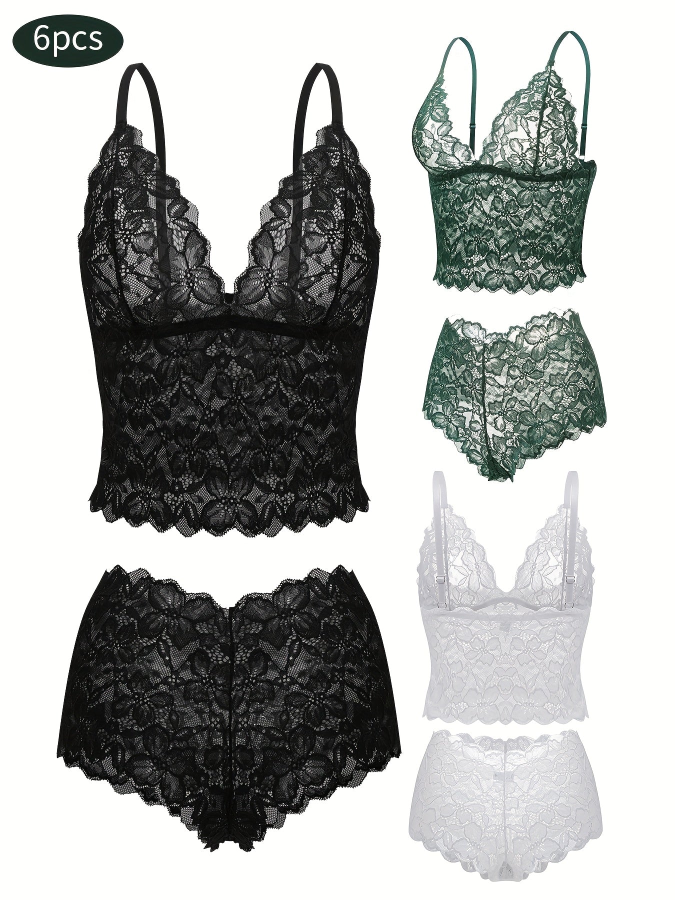 6pcs Women's Sexy Transparent Floral Lace Pajama Lingerie Set High Waisted Pajamas Breathable Sexy Erotic Bra And Panties Six Piece Pajama Set, All The Romantic Style!,