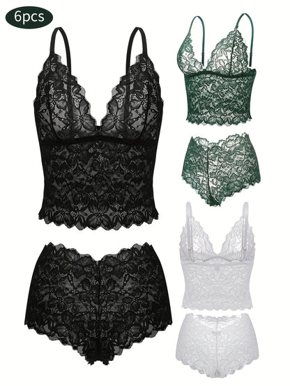 6pcs Women's Sexy Transparent Floral Lace Pajama Lingerie Set High Waisted Pajamas Breathable Sexy Erotic Bra And Panties Six Piece Pajama Set, All The Romantic Style!,