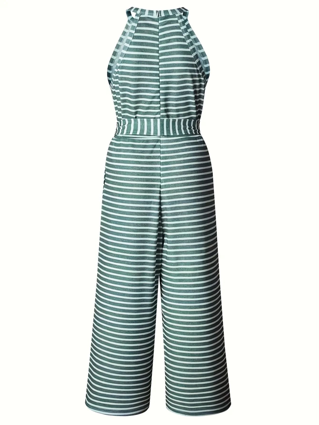 Women's Sleeveless Tank Top Jumpsuit with Decorative Bow Belt - High-Waisted Wide-Leg Pants, Black & White Vertical Stripes, Loose Fit Machine Washable Summer Outfit for Casual Outings & Beach Vacations, Ladies Tank Tops, Warm Weather Clothing, Breathable