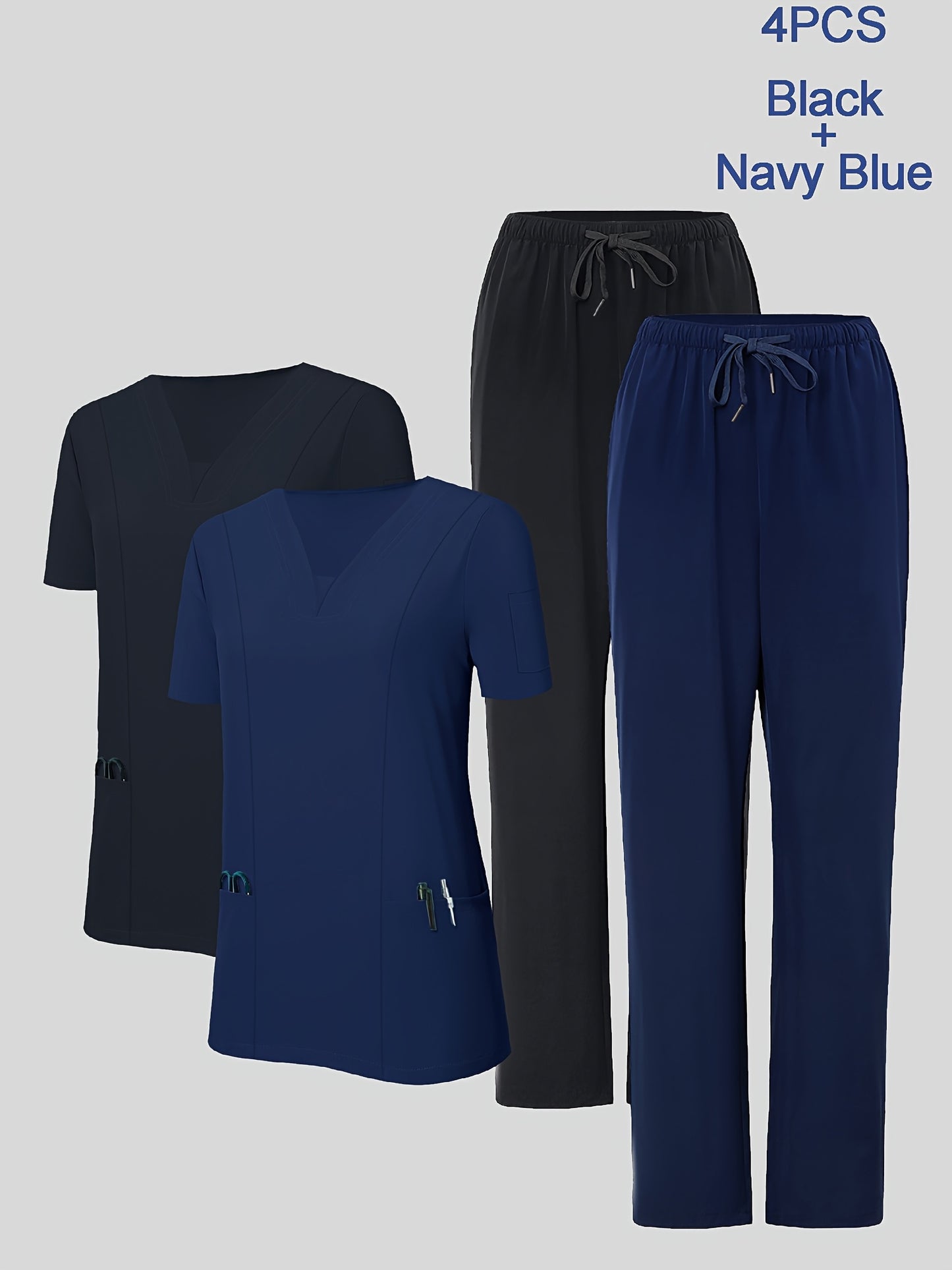 4pcs Set for Women'S V-Neck Matte Breathable Uniform Pocket Hand Washing Work Clothes Brush Hand Clothes Clothes Pants Set