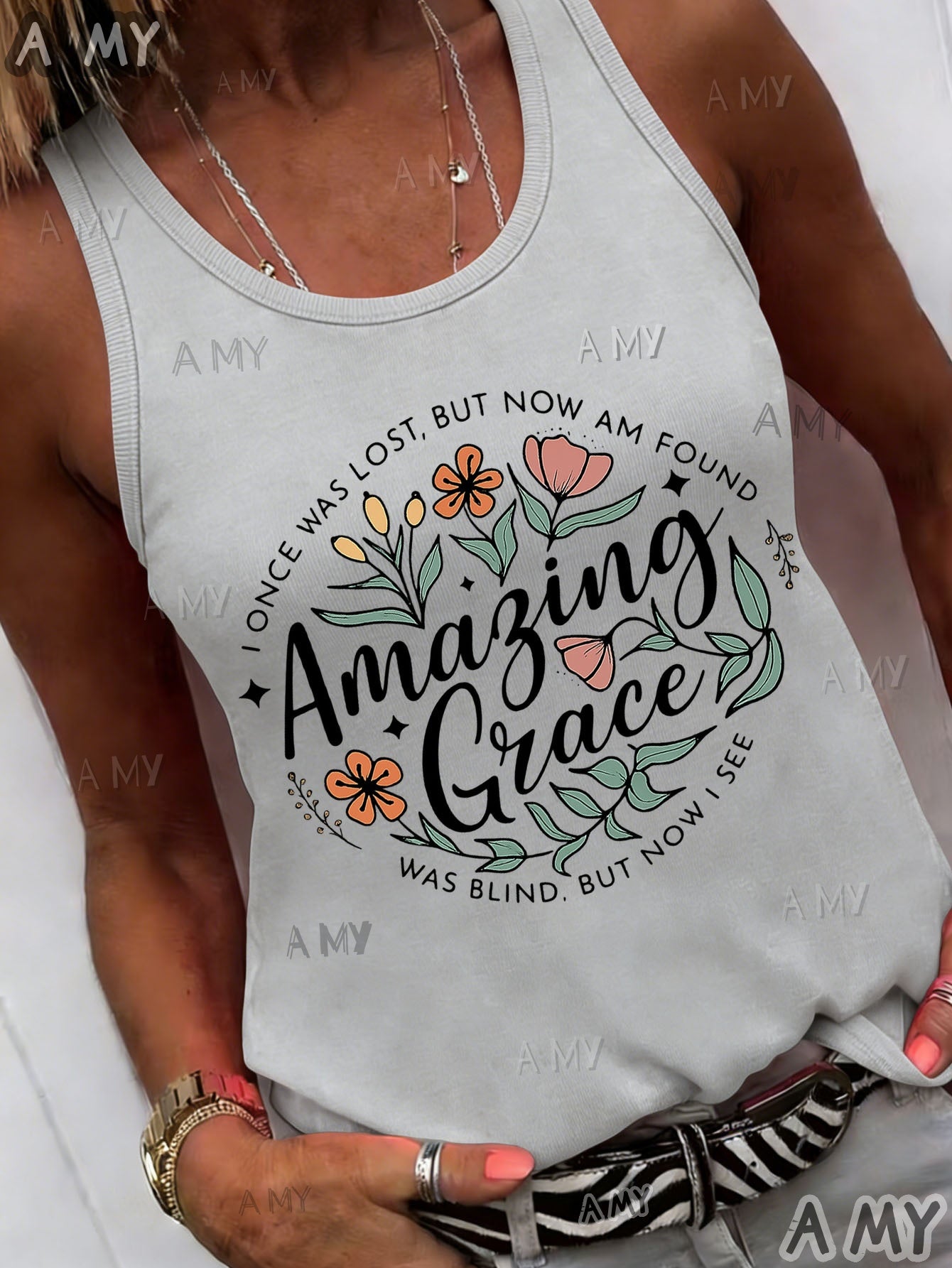 Casual Versatile Plus Size Round Neck Vest, Grace Print Round Neck Vest, Stylish Design Pattern, Holiday Dress Up Summer Women'S Essential Item, Women'S Fashion Summer T-Shirt