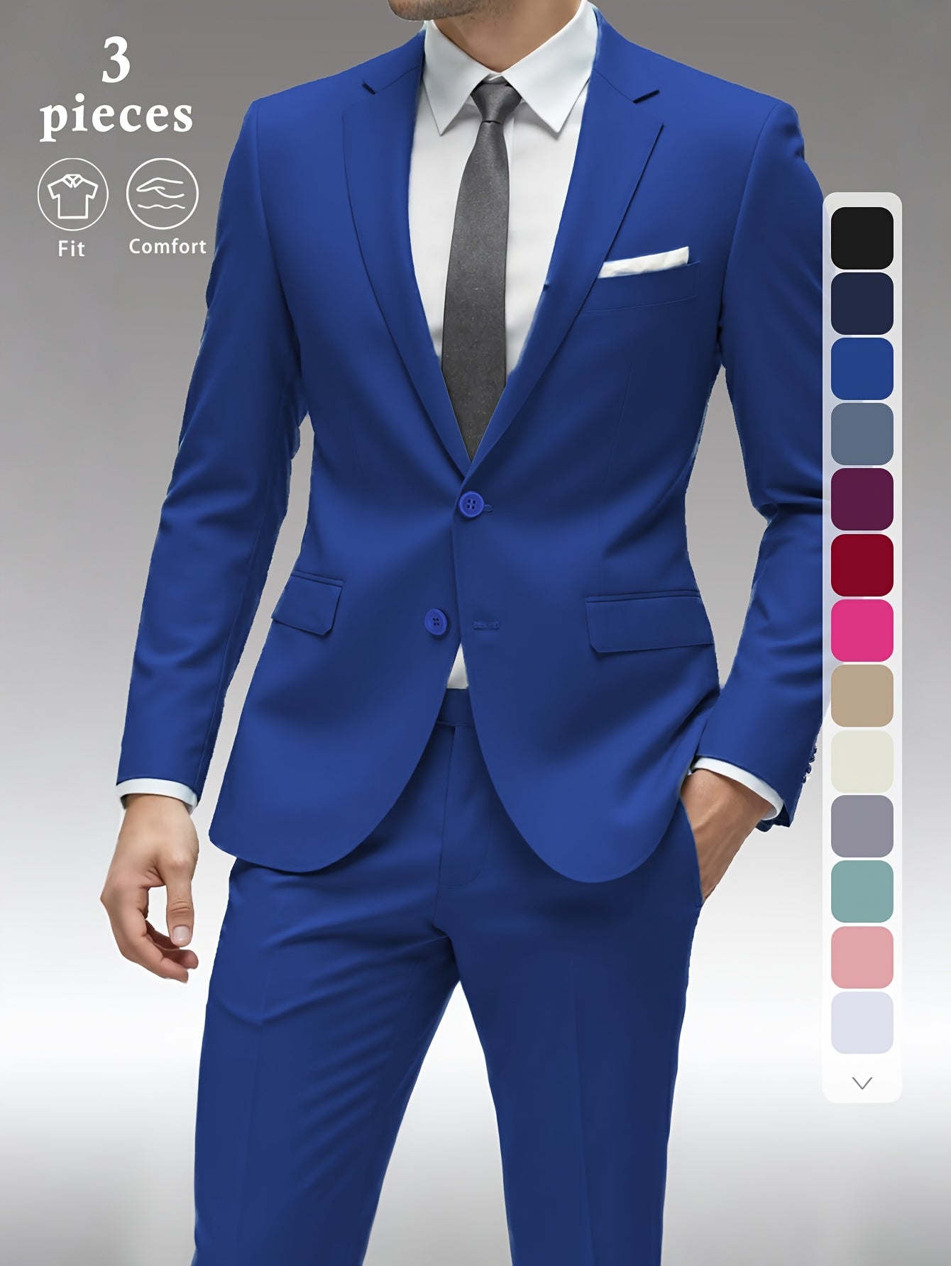Men's Solid Color Complete 3pcs Suit Set Slim Fit Modern Tailored for Weddings Business Graduation Father's Day Gifting Express Delivery