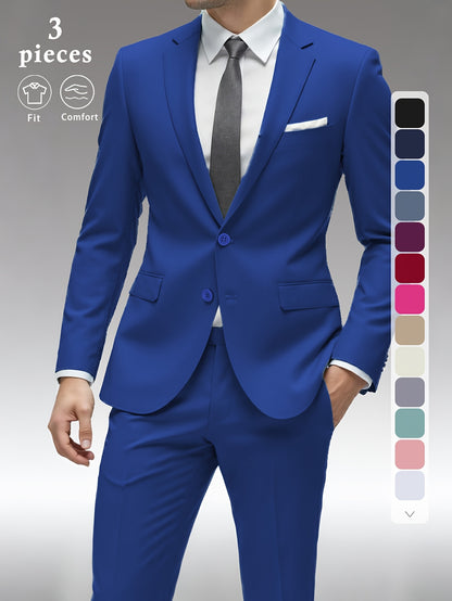 Men's Solid Color Complete 3pcs Suit Set Slim Fit Modern Tailored for Weddings Business Graduation Father's Day Gifting Express Delivery