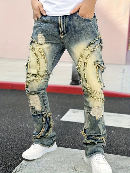 [HME] Men's Slim-fitting Straight-leg Jeans with A Patchwork Embroidery And Random Stitching Design, Fashionable And Versatile, Street Retro Style, Elastic Denim with Cotton Fabric, Heavy Washed And Nostalgic Snowflake Denim, Classic And Retro