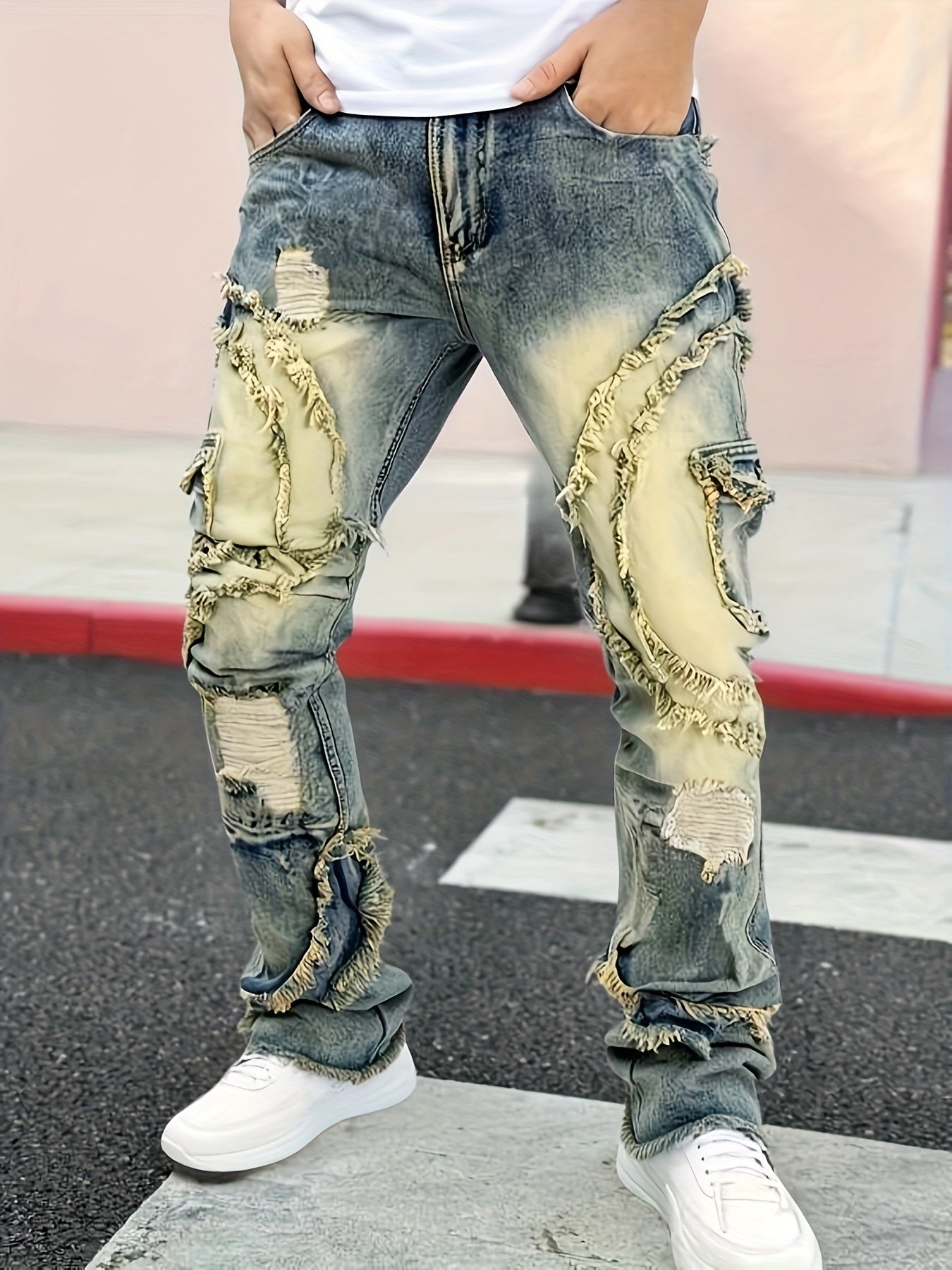 [HME] Men's Slim-fitting Straight-leg Jeans with A Patchwork Embroidery And Random Stitching Design, Fashionable And Versatile, Street Retro Style, Elastic Denim with Cotton Fabric, Heavy Washed And Nostalgic Snowflake Denim, Classic And Retro