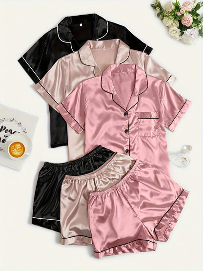Casual, Fashionable, and Comfortable 6pcs Set in 3 Colors: Solid, Plain, Satin, and Satin Trim Short-Sleeve Shirt & Elastic Waist Shorts Pajama Set