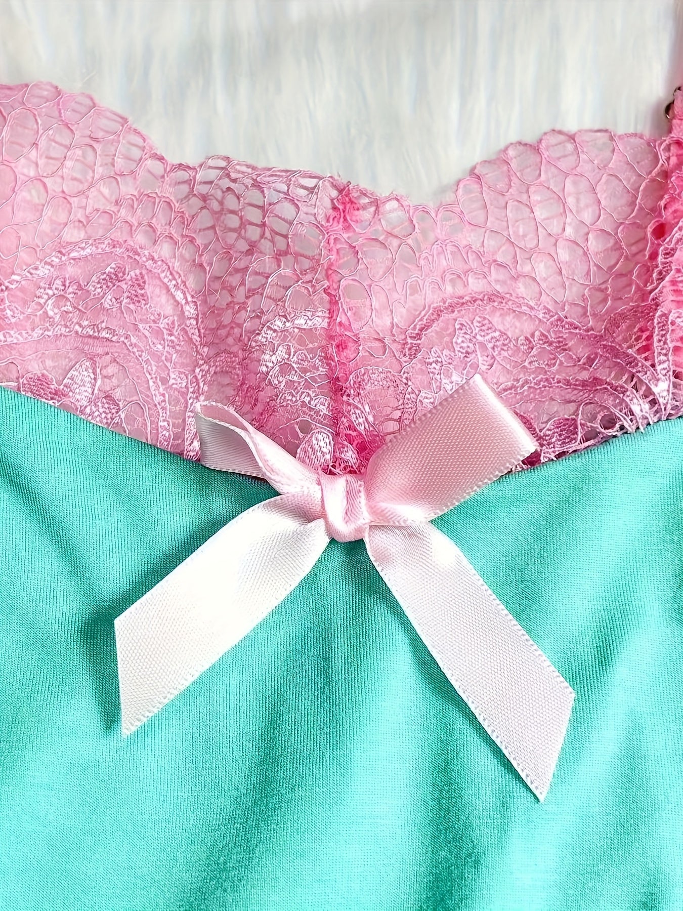 Contrast Color Lace Splicing V-Neck Bow Splicing Soft And Comfortable Skin-Friendly Casual Home Pajamas Set