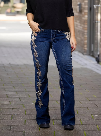 Dark Blue Denim Boot Cut Jeans for Women Featuring Printed Side Designs