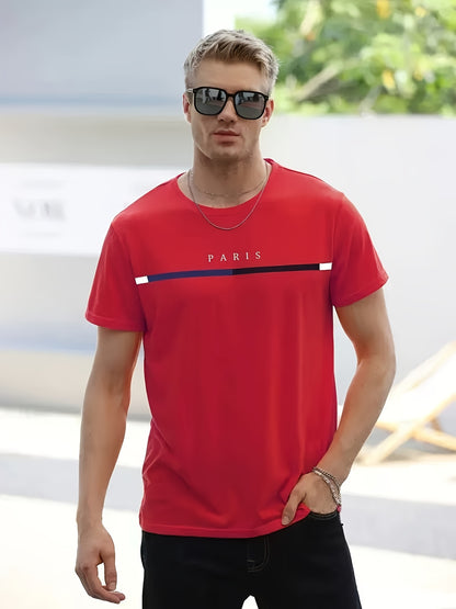 5 Men'S Summer Parisian Style Casual Sports Style Print T-Shirts, Casual Solid Color Sports Short-Sleeved Shirts, Breathable And Quick-Drying Round Neck Tops, Running Shirts, Wet And Dry Moisture-Wicking T-Shirts