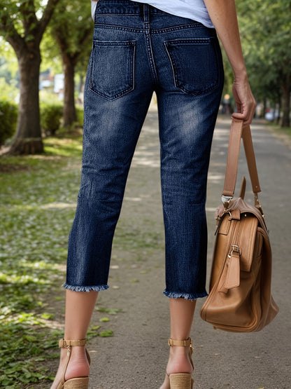 2025 New Women's Casual Stretch 9-Minute Jeans, Water Washed Edge Small Leg Jeans, Fashionable And Versatile