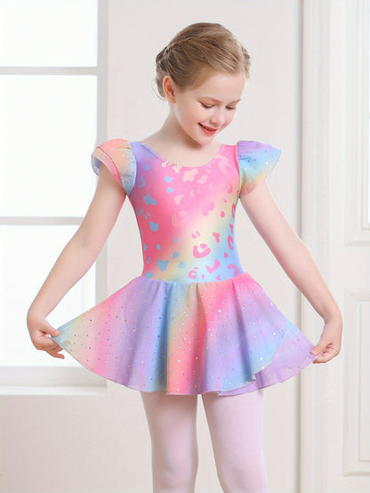 Christmas Girl's Dress; Dress; Dance Dress; One-piece Training Suit; Summer Rainbow Gradient Dress; Mesh Dress; Sweet Petal Sleeves; One-piece Dress; Children's Ballet Leotard; Back Bow.