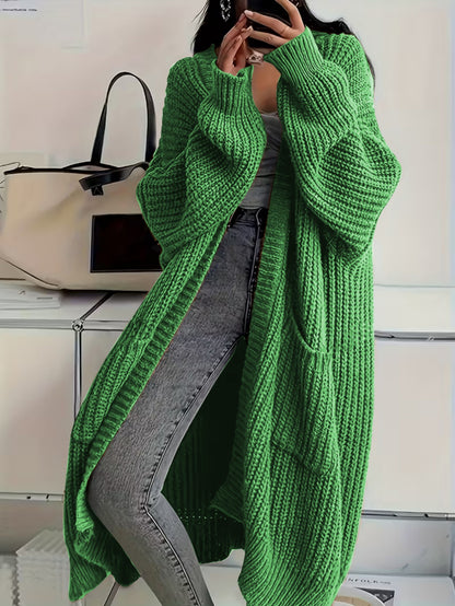Plus Size, Solid Color Plus-Size Women's Long Pocket Cardigan Loose Over-the-Knee Sweater Coat Fashion Versatile Outerwear