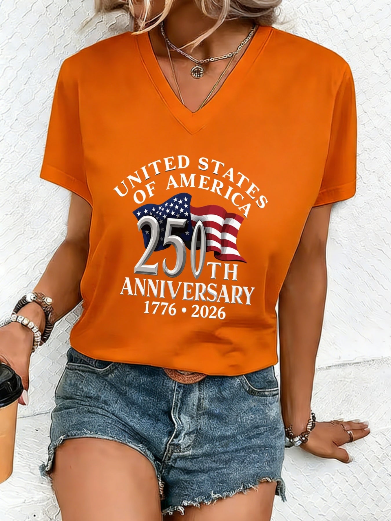 Women'S Elegant Vneck Short-Sleeved T-Shirt | Featuring Flag Print, Soft Stretchy Fabric, Machine Washable, Ideal For Spring/Summer Casual Wear