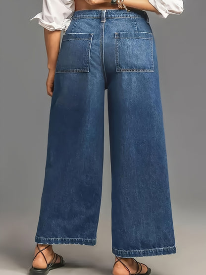 1pc Blue Women'S Plus Size Loose Fit, Versatile Multi-Pocket Washed Denim Wide-Leg Stretch Denim Jeans