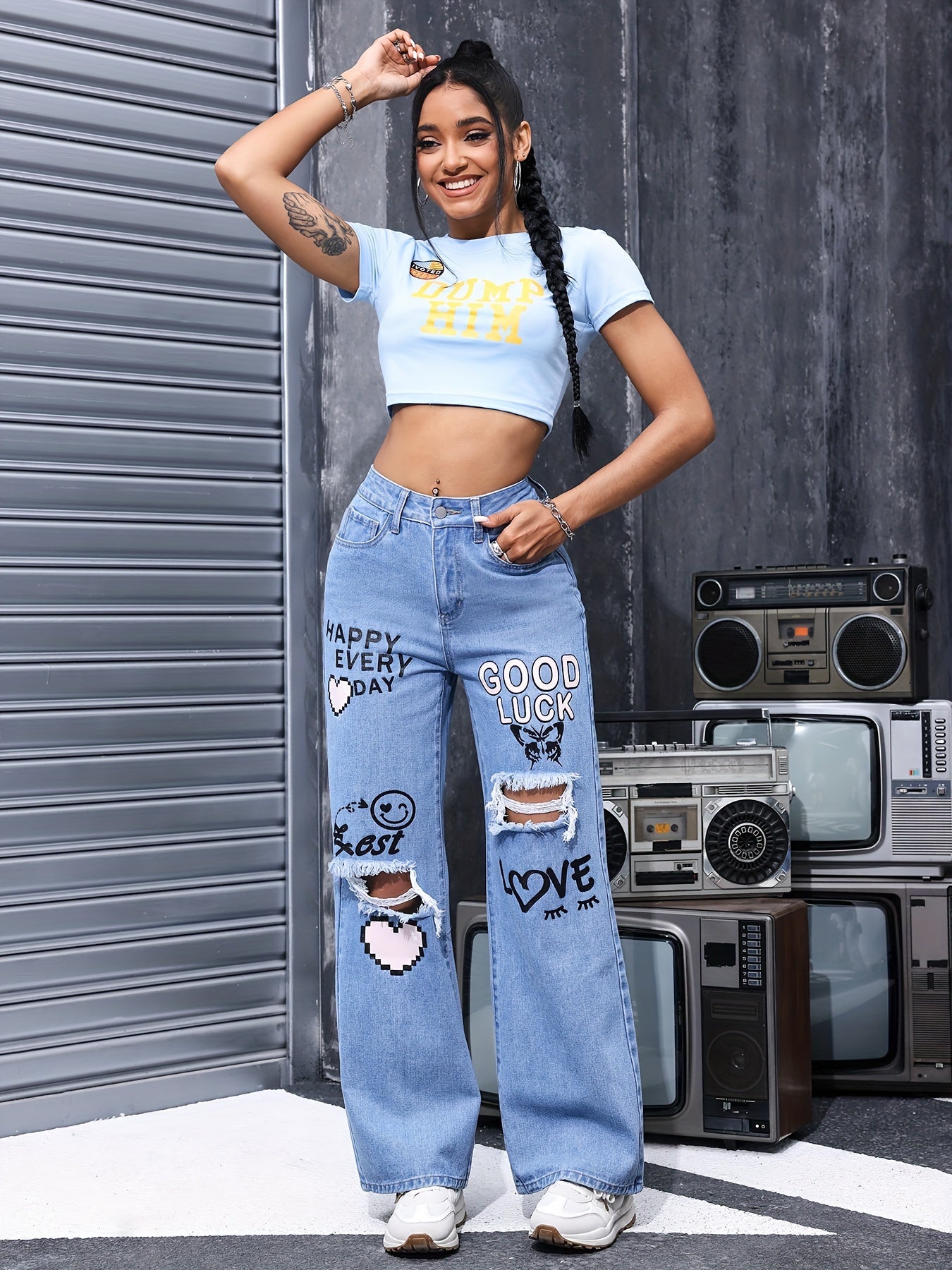 [High-Waisted Denim Pants] Casual Wide-Leg Denim Pants Featuring a High-Waisted Design with Heart And Letter Prints, Distressed Details