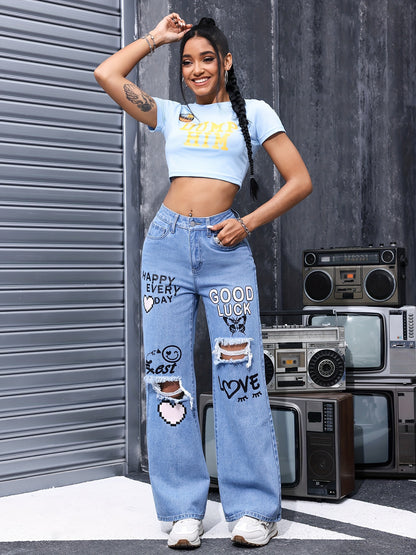 [High-Waisted Denim Pants] Casual Wide-Leg Denim Pants Featuring a High-Waisted Design with Heart And Letter Prints, Distressed Details