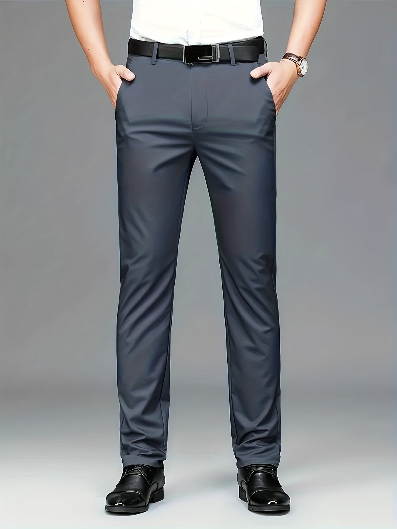 Men's High-elasticity Anti-wrinkle Straight-leg Dress Pants, High-waisted Business Casual Long Pants, Button And Zipper Design, Machine-washable All-season Classic Solid Color Suit Pants, Professional Clothing, Wear-resistant Fabric, Formal Wear