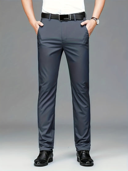 Men's High-elasticity Anti-wrinkle Straight-leg Dress Pants, High-waisted Business Casual Long Pants, Button And Zipper Design, Machine-washable All-season Classic Solid Color Suit Pants, Professional Clothing, Wear-resistant Fabric, Formal Wear