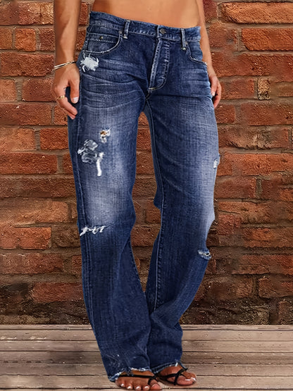 1 Women's Ripped Flare Wide Leg Slightly Stretchy Jeans - Fashion Distressed Casual Streetwear - US Size XS-XXL