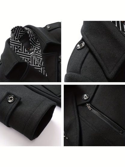 Men'S Wool Blend Coat with Detachable Soft Scarf Notched Collar Single Breasted Overcoat
