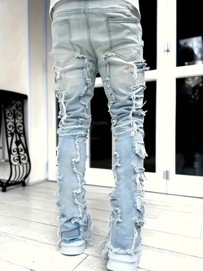 (Available In Five Colors) Teenager Ripped Jeans, Retro Street Style, High Street Patch Fabric, Popular Ripped Jeans, Fashionable Splicing, Slim Fit Jeans, Versatile Straight Jeans 1pc, Perfect for Outdoor, for Teenager
