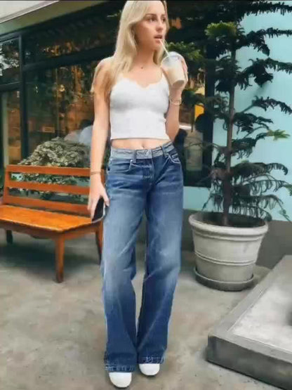 HME Women'S Vintage Relaxed Jeans, Designed with a Fit And Five-Pocket Style. Crafted from Durable Washed Denim, Highlighting a Waistband Patchwork Feature. The Material Is Flexible, Cozy, And Airy