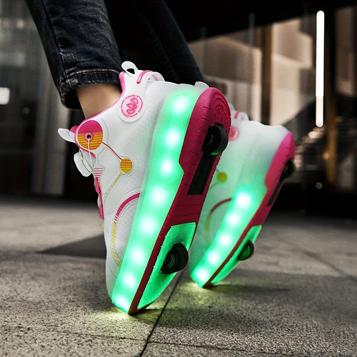 Girls' LED Roller Skates, All-season Low-top Sneakers with Swivel Buckles, TPR Sole, Textile Lining And Insole, Pink And White Design, Youth Skate Shoes, Sporty Design, Sneakers, Kid's Roller Skates, Out Doos Sprot Shoes, Gift for Kid