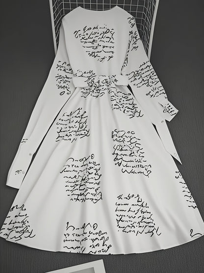 Women's Commuter Fashion POLO Neck Lining Long Sleeve Clothes Elastic Waist Large Swing Letter Printed Dresses