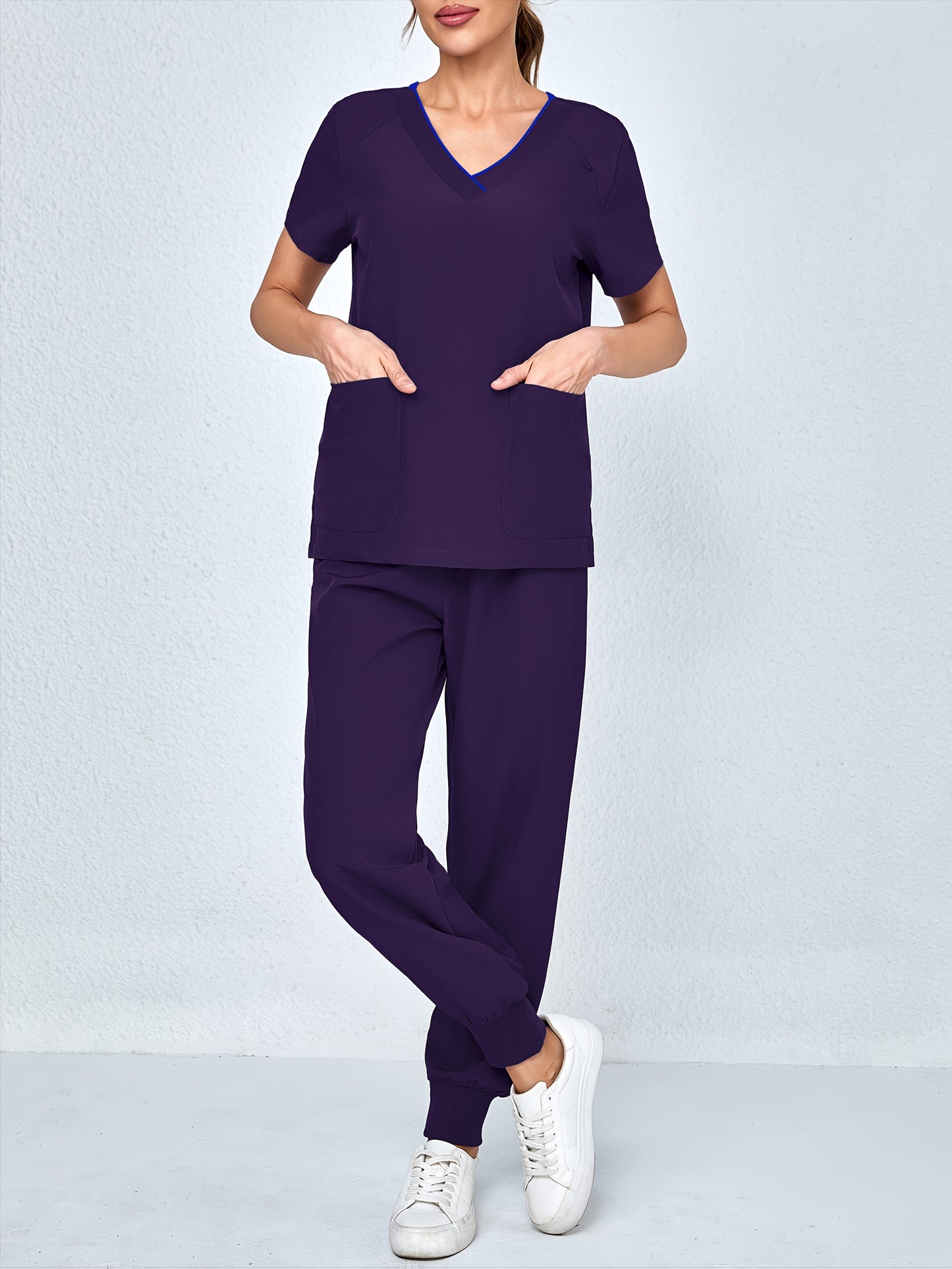 2pcs Set Of Top And Pants, Women's V-neck Frosted Breathable Pocket S Uniform, Brushed Hand Clothes, Work Clothes, Hand Washing Clothes, Pocket Clothes, Leg Binding Pants Set