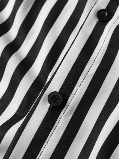 2pcs Men'S Casual Summer Outfit Set, Striped Short Sleeve Button Up Lapel Shirt Top & Solid Drawstring Shorts With Pockets For Casual Daily Wear And Holiday Resorts