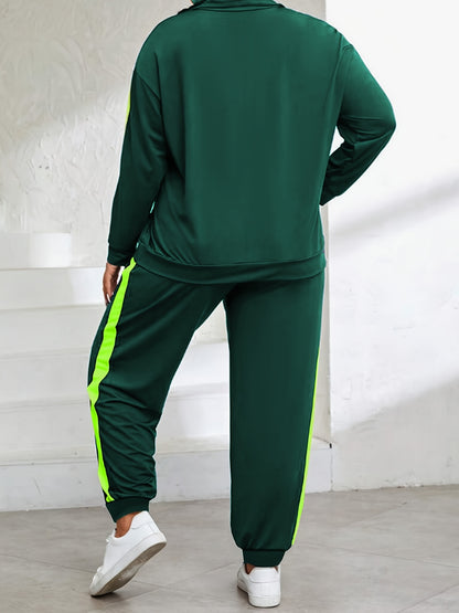 Plus Size, Plus Size Women's Spring And Autumn Contrast Color Casual Suit, Half Zip Pullover Long Sleeve Top And Trousers Two-Piece Set