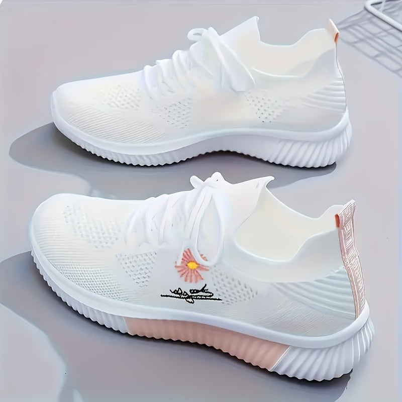 2026 New Spring/Summer Women's Sneakers - 2026 Spring Women's Shoes, Breathable and Lightweight Sneakers for Women - Stylish White and Pink Casual Running Shoes with Floral Embroidery - Durable Outdoor Hiking Shoes with Soft Fabric Lining