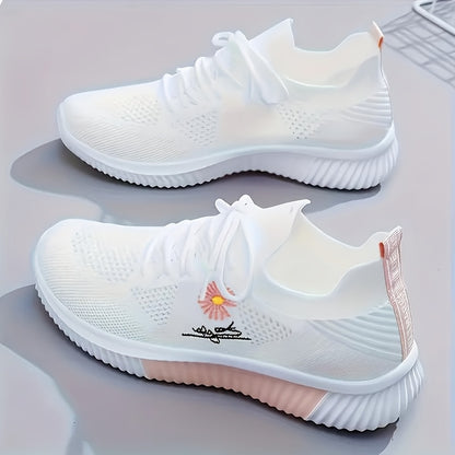 2026 New Spring/Summer Women's Sneakers - 2026 Spring Women's Shoes, Breathable and Lightweight Sneakers for Women - Stylish White and Pink Casual Running Shoes with Floral Embroidery - Durable Outdoor Hiking Shoes with Soft Fabric Lining