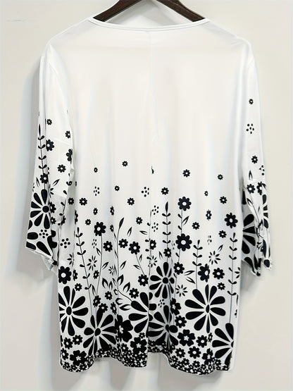 Plus Size - Plus Size - Elegant V-Neck Button Top with Floral Design And 3/4 Sleeves for Women, Suitable for Casual Wear in Autumn And Winter, Machine Washable