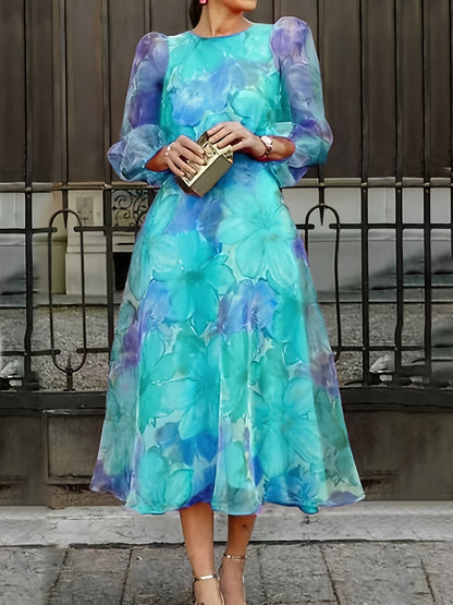 [Wedding Guest Party] Women's Floral Print Chiffon Maxi Dress - Elegant Ombre Gradient Long Sleeve Dress with Back Zipper, Wedding Guest Party Dress, Flowy Sunset Dress