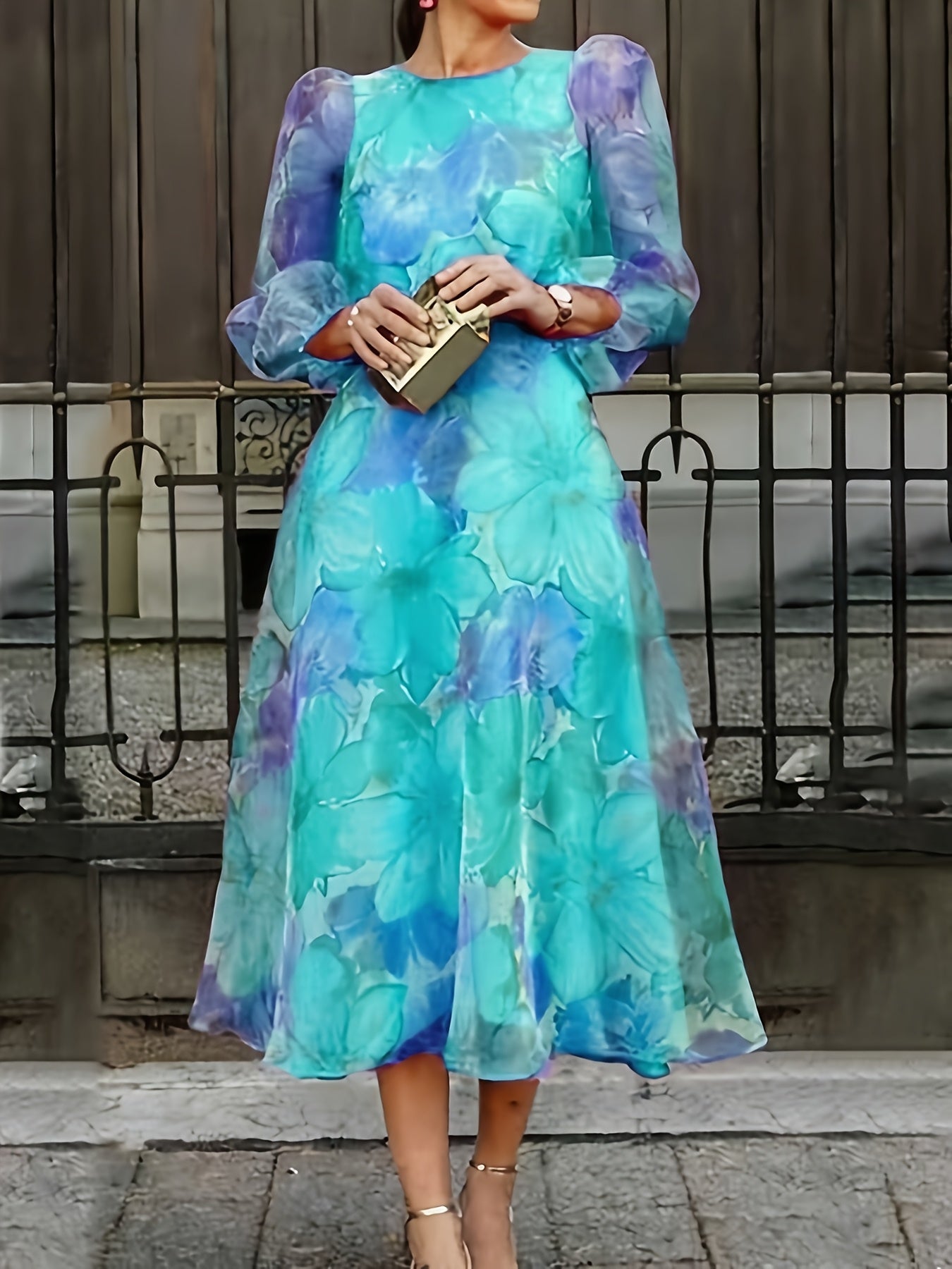 [Wedding Guest Party] Women's Floral Print Chiffon Maxi Dress - Elegant Ombre Gradient Long Sleeve Dress with Back Zipper, Wedding Guest Party Dress, Flowy Sunset Dress